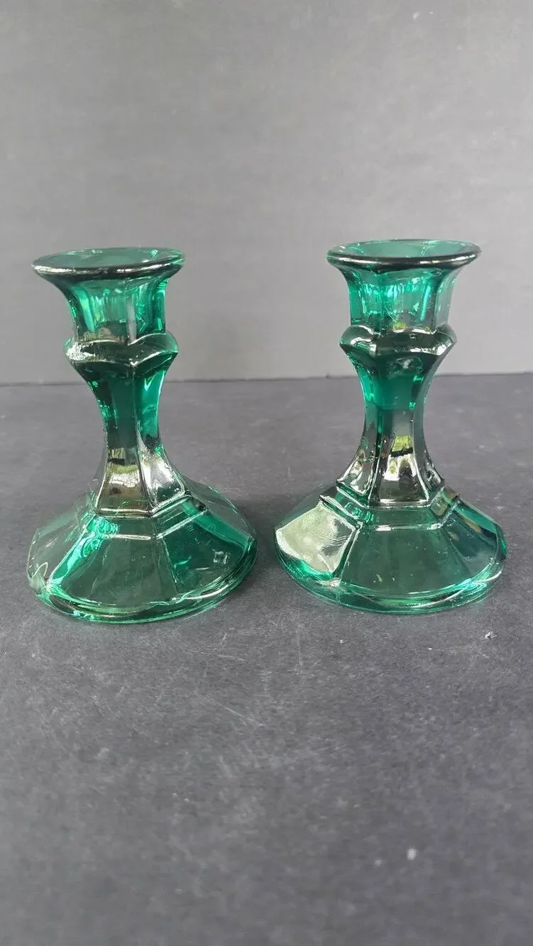 Green Glass Candlestick Holders Pair Small Pedestal Taper Candle Decor Set